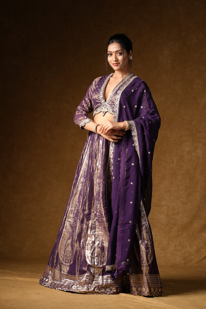 Purple Metallic Foil Print Lehenga Set