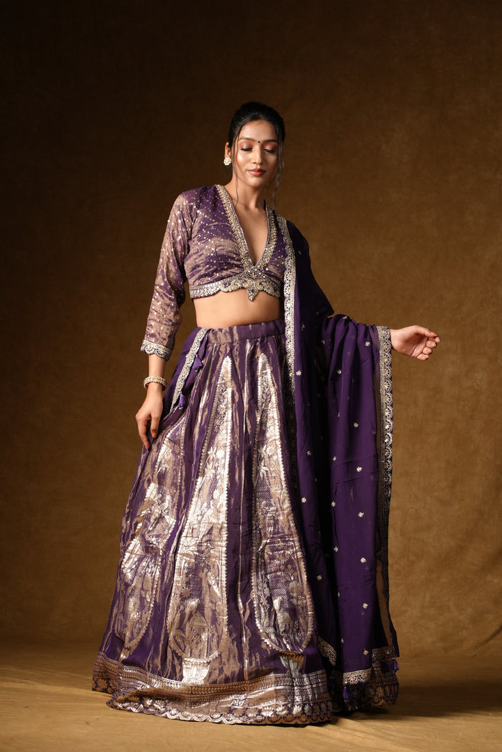 Purple Metallic Foil Print Lehenga Set