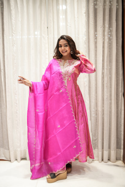 Rani Glow Banarasi Tissue Anarkali Set with Dupatta