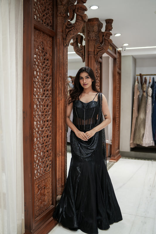 Midnight Noir Fish-Cut Lehenga with Corset Choli