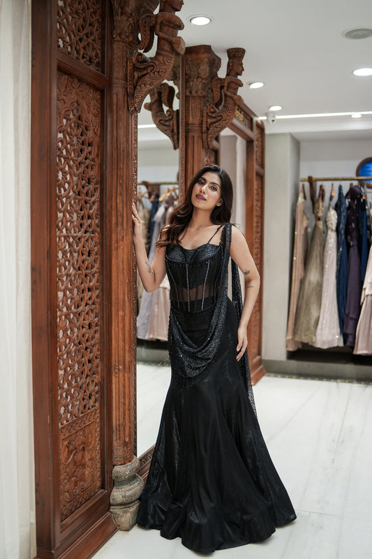 Midnight Noir Fish-Cut Lehenga with Corset Choli