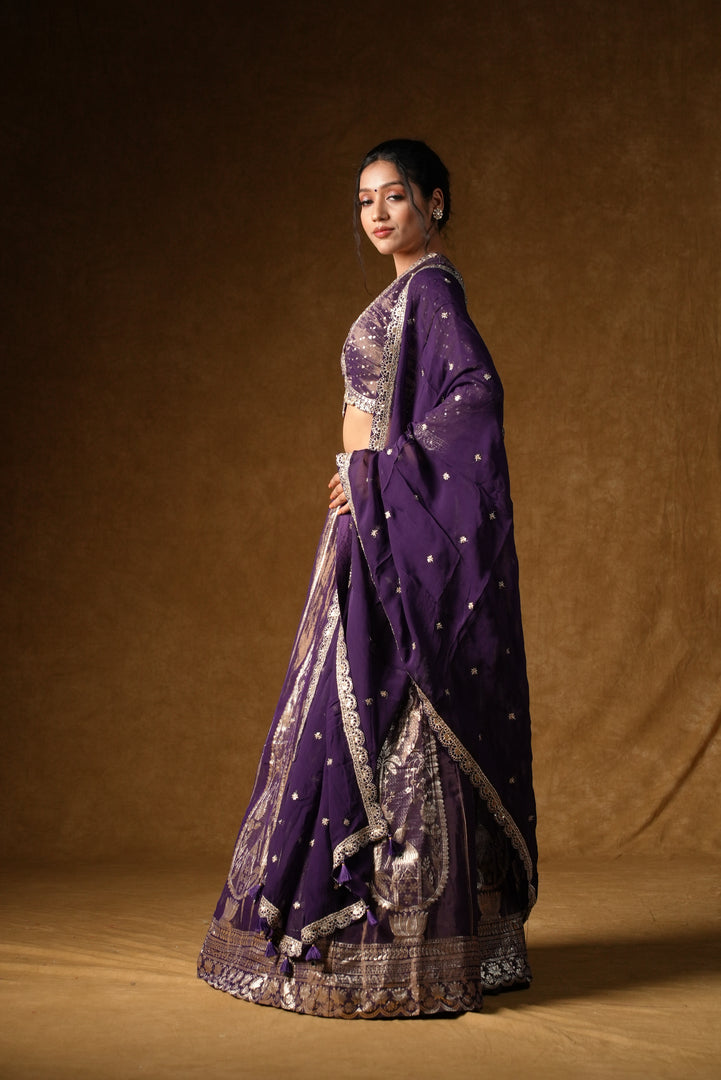 Purple Metallic Foil Print Lehenga Set