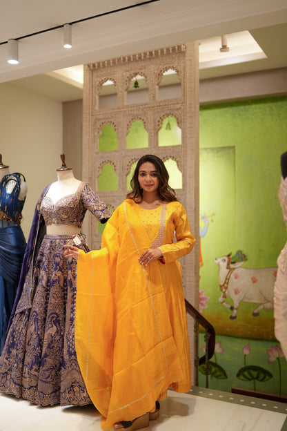 Sunshine Glow Banarasi Tissue A-Line Set with Dupatta