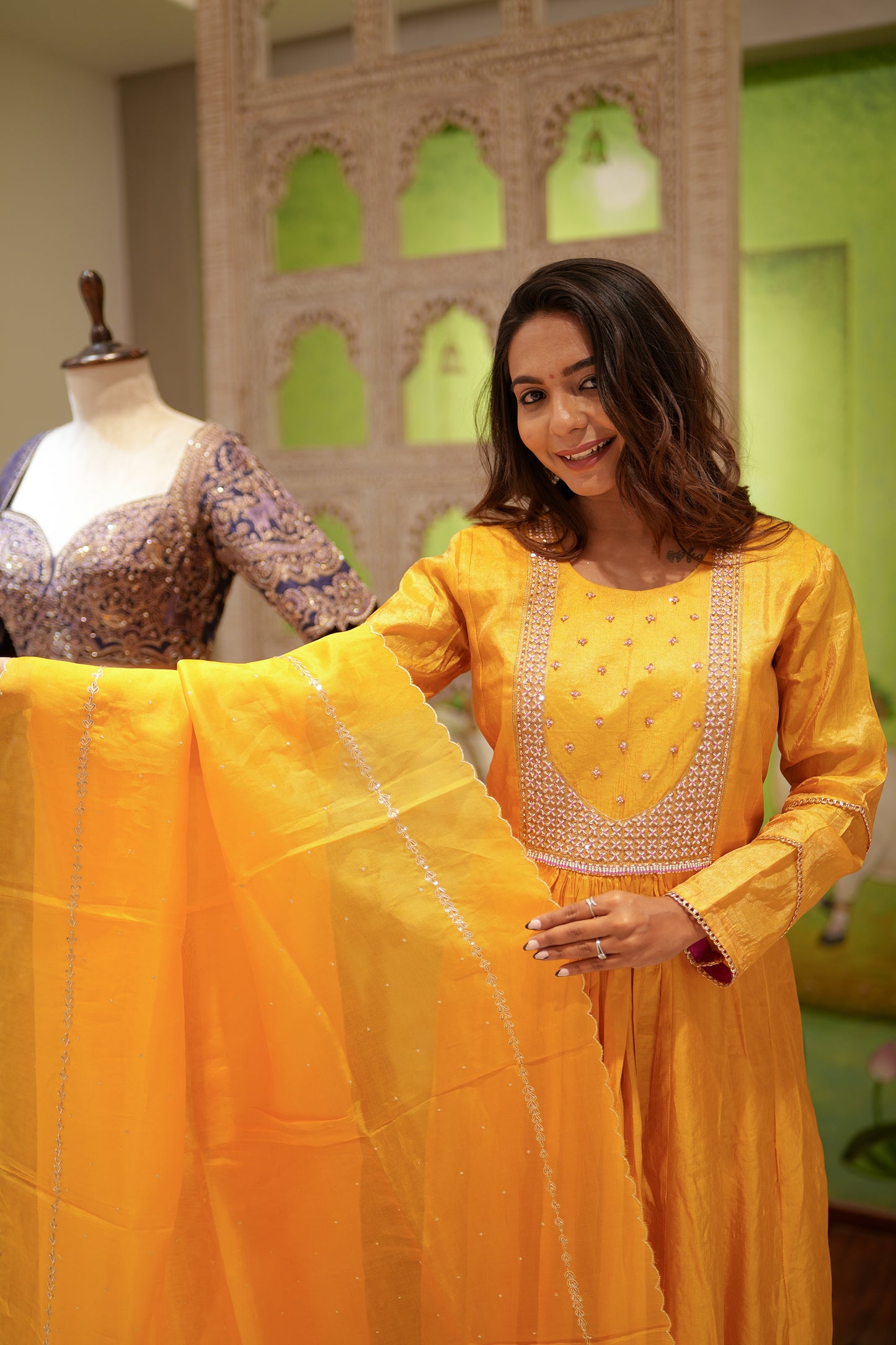 Sunshine Glow Banarasi Tissue A-Line Set with Dupatta