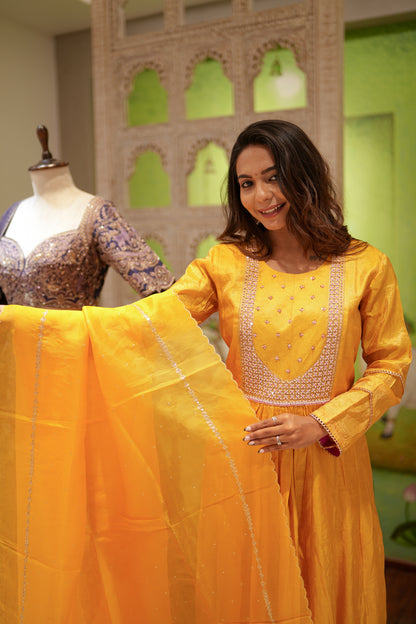 Sunshine Glow Banarasi Tissue A-Line Set with Dupatta