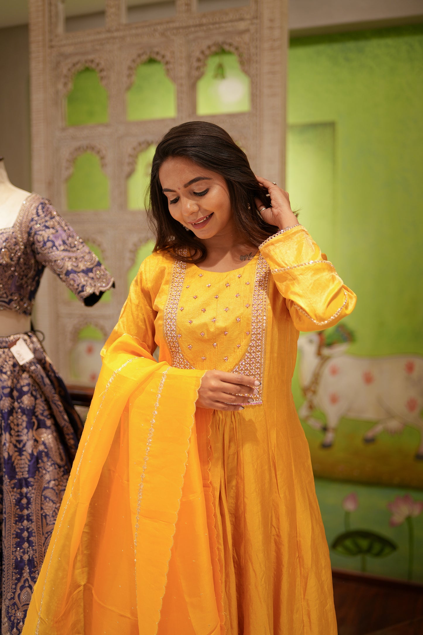 Sunshine Glow Banarasi Tissue A-Line Set with Dupatta