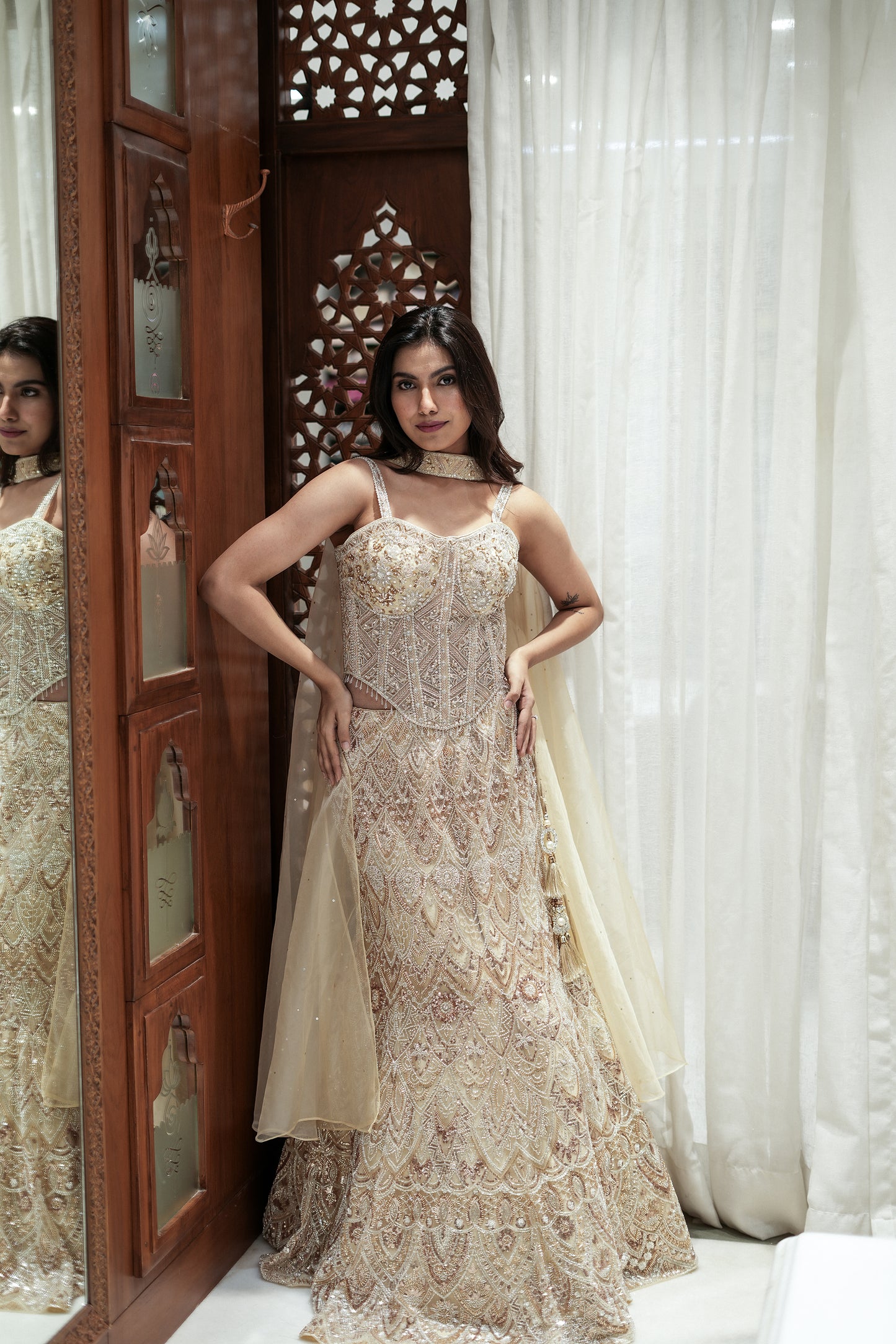 Ivory Luxe Fish-Cut Lehenga with Corset Choli – Gauri Saree