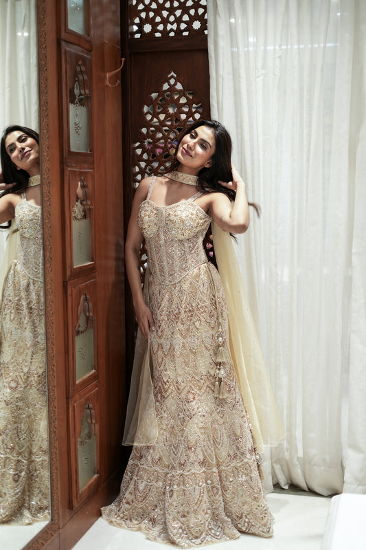 Ivory Luxe Fish-Cut Lehenga with Corset Choli