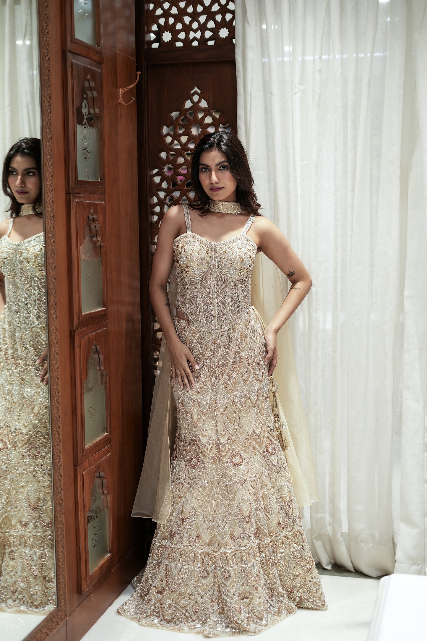 Ivory Luxe Fish-Cut Lehenga with Corset Choli Gauri Saree Ivory Luxe Fish-Cut Lehenga with Corset Choli Gauri Saree