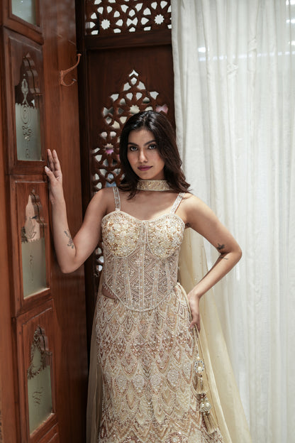 Ivory Luxe Fish-Cut Lehenga with Corset Choli