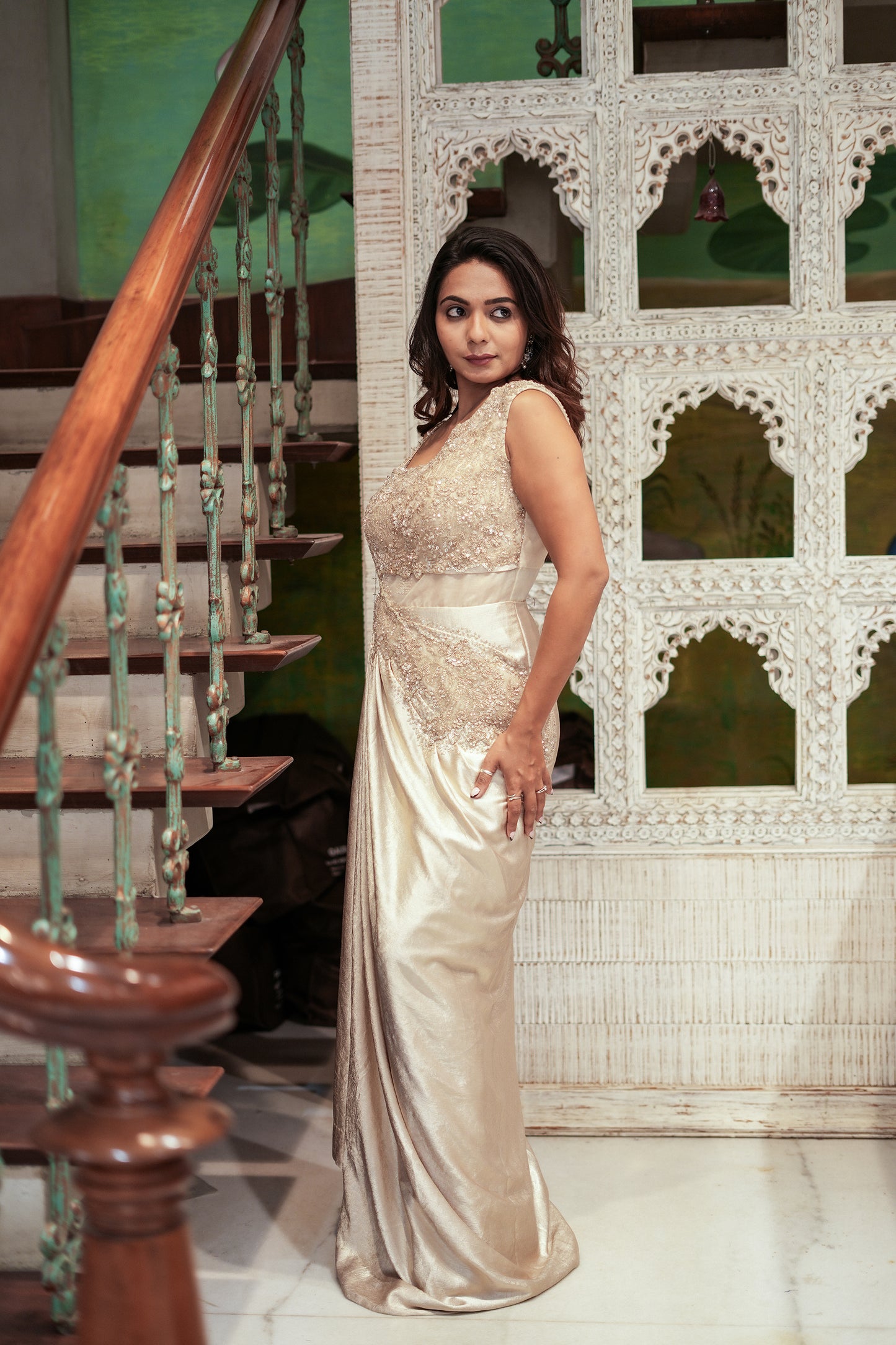 Champagne Elegance Brasso Silk Handwork Gown