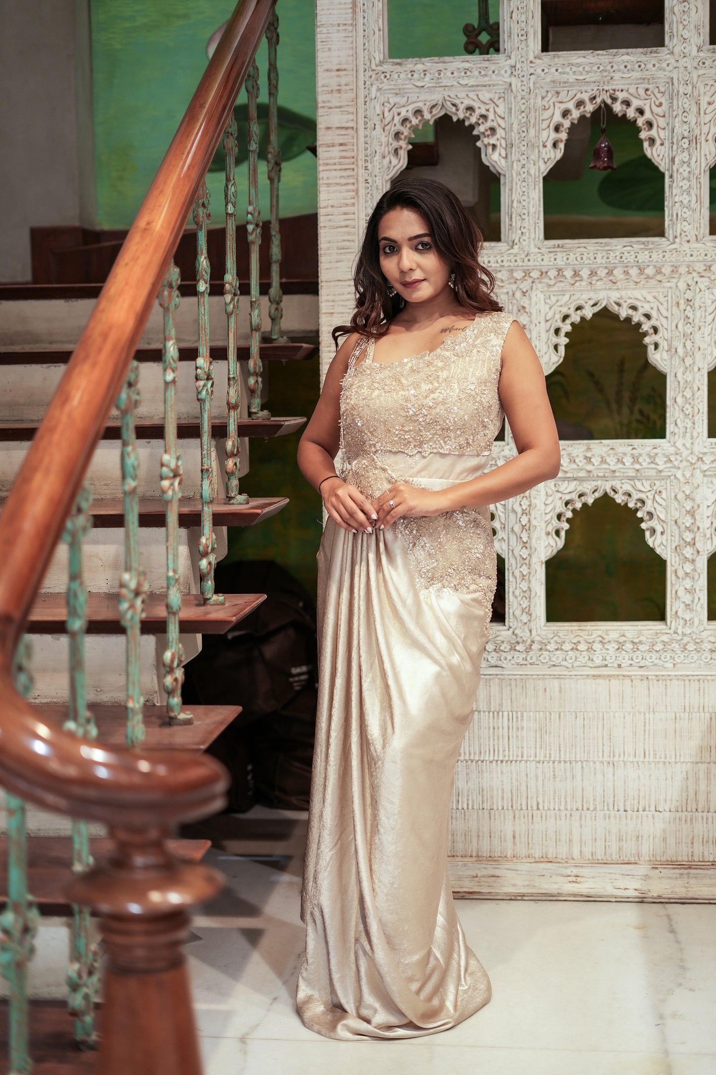 Champagne Elegance Brasso Silk Handwork Gown