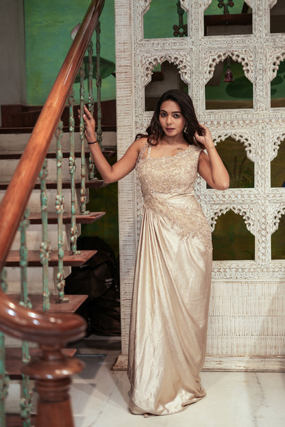 Champagne Elegance Brasso Silk Handwork Gown