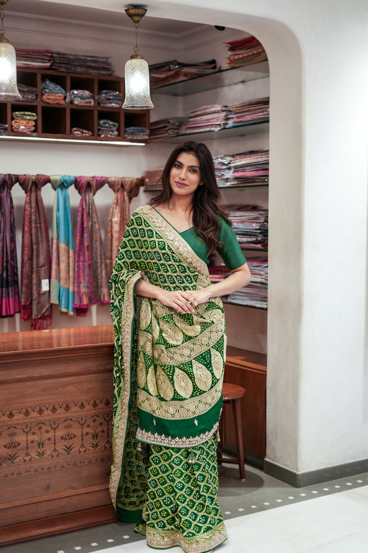 Emerald Charm Khadi Bandhej Chiffon Saree with Pure Gota Patti Work