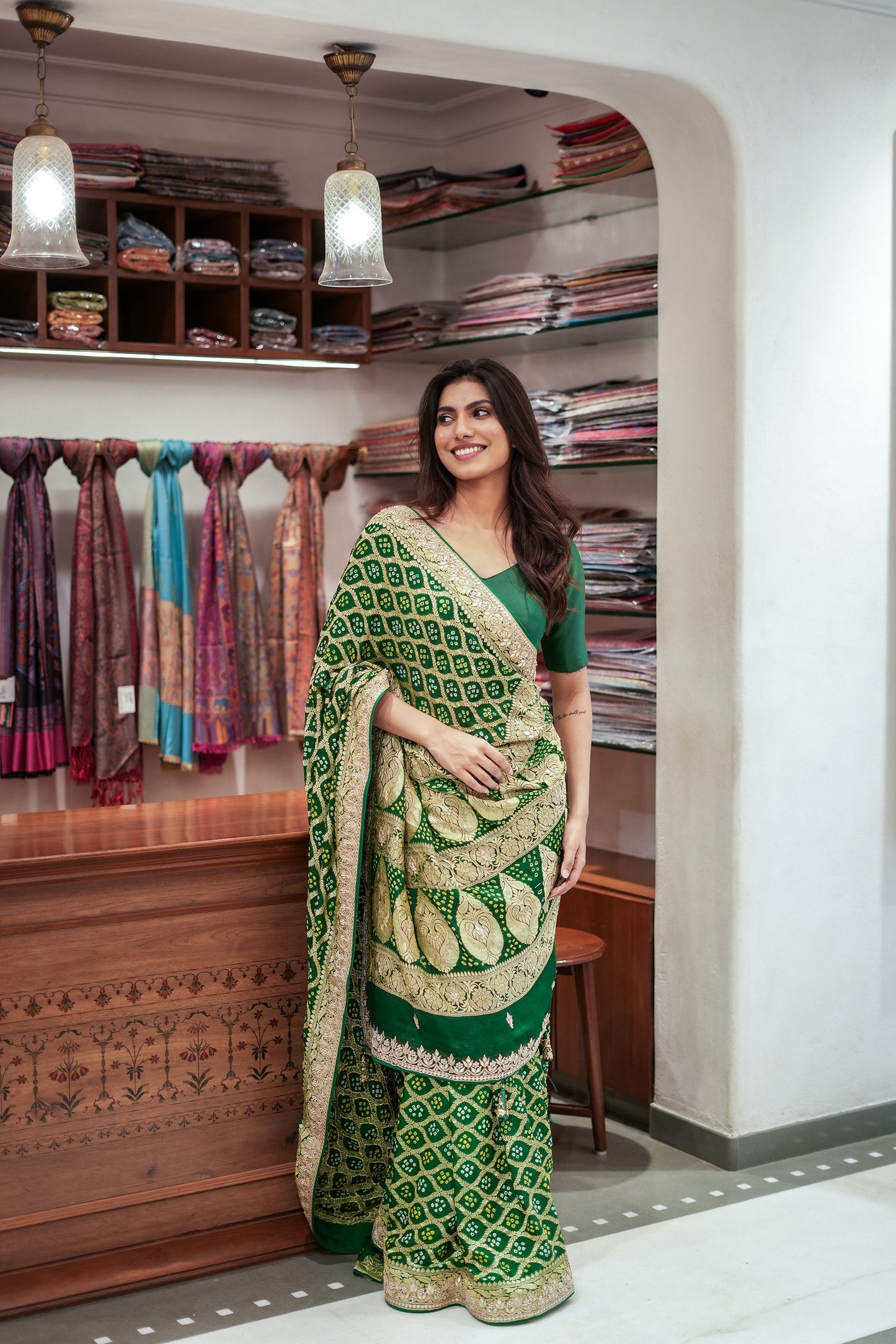 Emerald Charm Khadi Bandhej Chiffon Saree with Pure Gota Patti Work