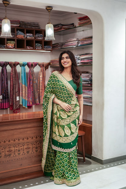 Emerald Charm Khadi Bandhej Chiffon Saree with Pure Gota Patti Work