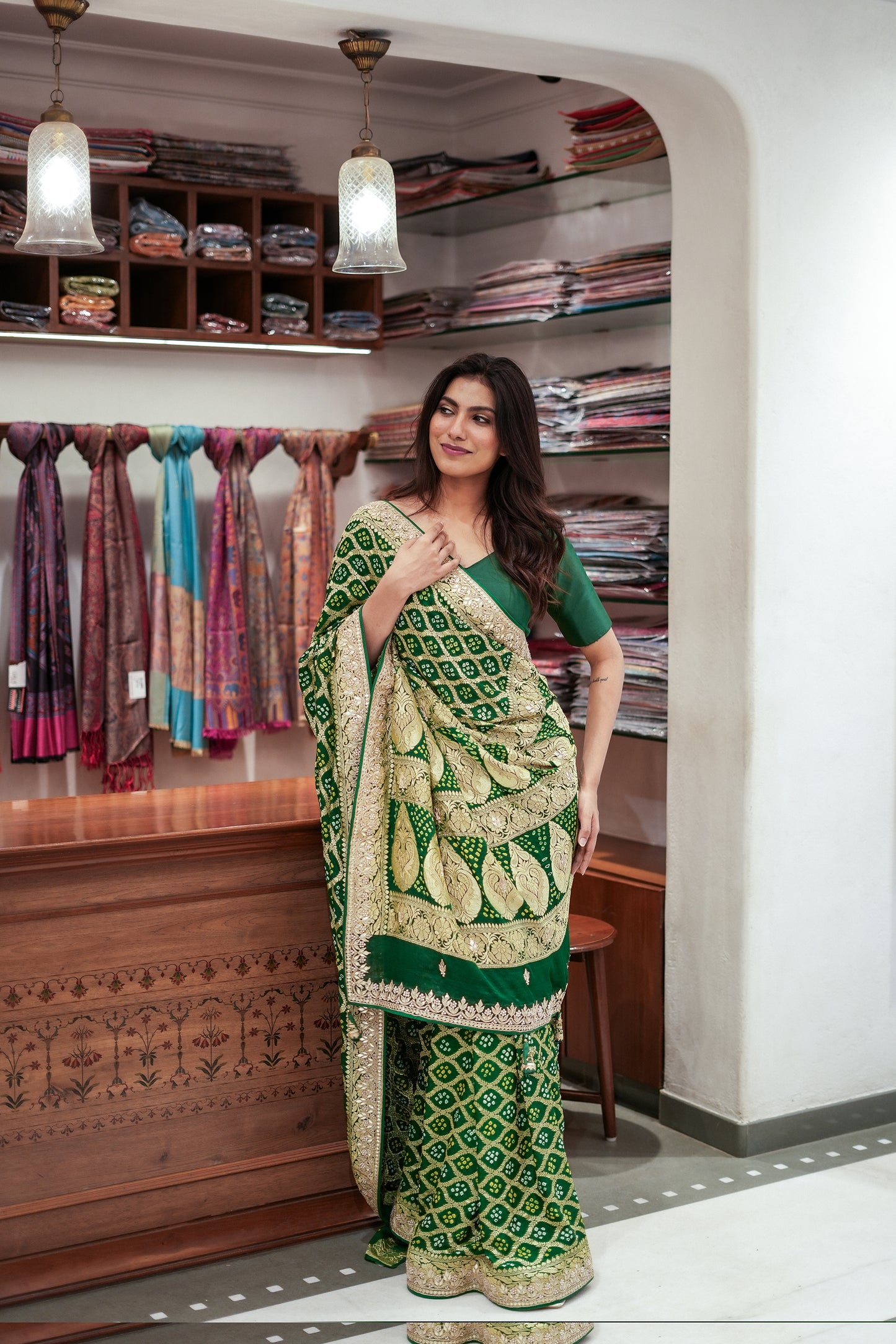 Emerald Charm Khadi Bandhej Chiffon Saree with Pure Gota Patti Work