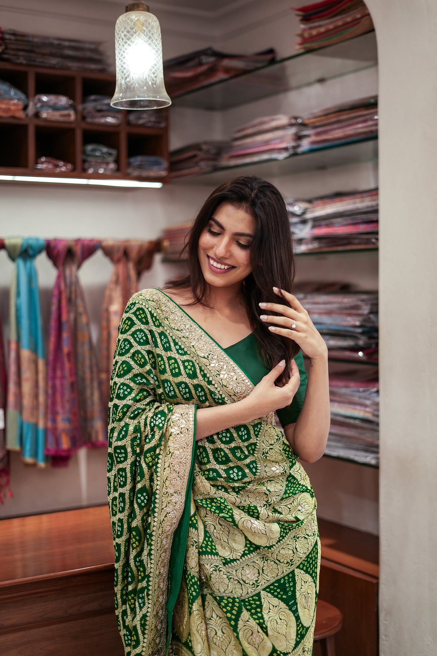 Emerald Charm Khadi Bandhej Chiffon Saree with Pure Gota Patti Work