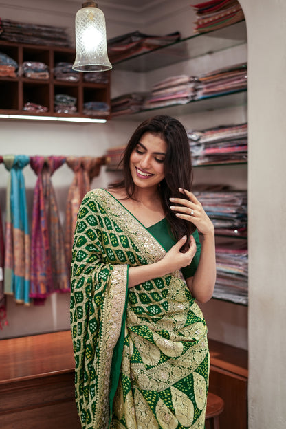 Emerald Charm Khadi Bandhej Chiffon Saree with Pure Gota Patti Work