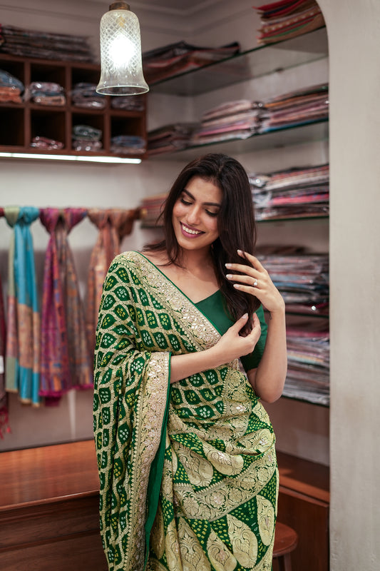 Emerald Charm Khadi Bandhej Chiffon Saree with Pure Gota Patti Work
