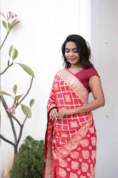 Ruby Grace Khadi Bandhej Chiffon Saree with Pure Gota Patti Work