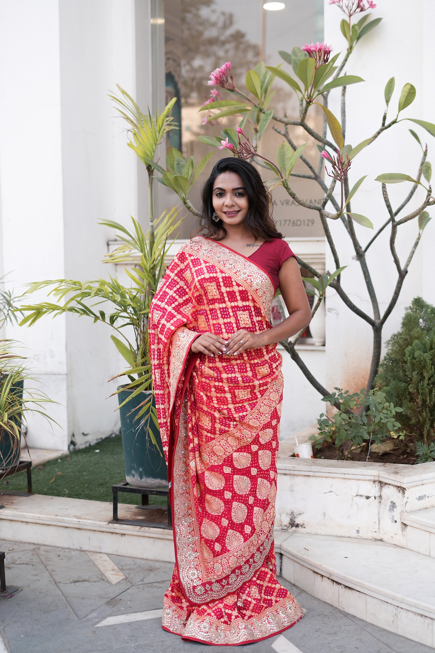 Ruby Grace Khadi Bandhej Chiffon Saree with Pure Gota Patti Work