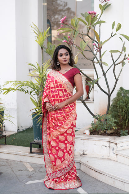 Ruby Grace Khadi Bandhej Chiffon Saree with Pure Gota Patti Work
