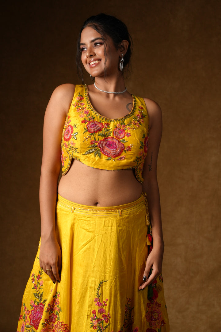 Yellow Rose Embroidered Lehenga Set