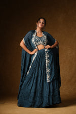 Load image into Gallery viewer, Teal Blue Cape Lehenga Set
