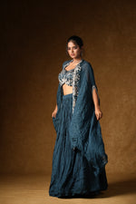 Load image into Gallery viewer, Teal Blue Cape Lehenga Set
