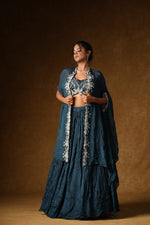 Load image into Gallery viewer, Teal Blue Cape Lehenga Set
