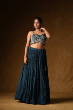 Load image into Gallery viewer, Teal Blue Cape Lehenga Set
