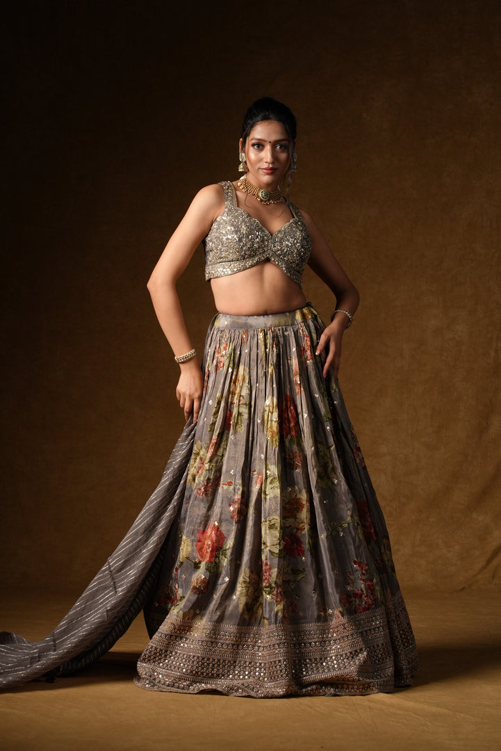 Grey Floral Sequin Lehenga Set