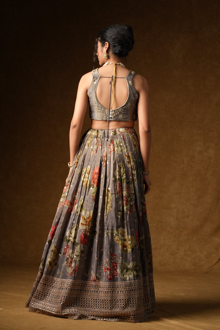 Grey Floral Sequin Lehenga Set