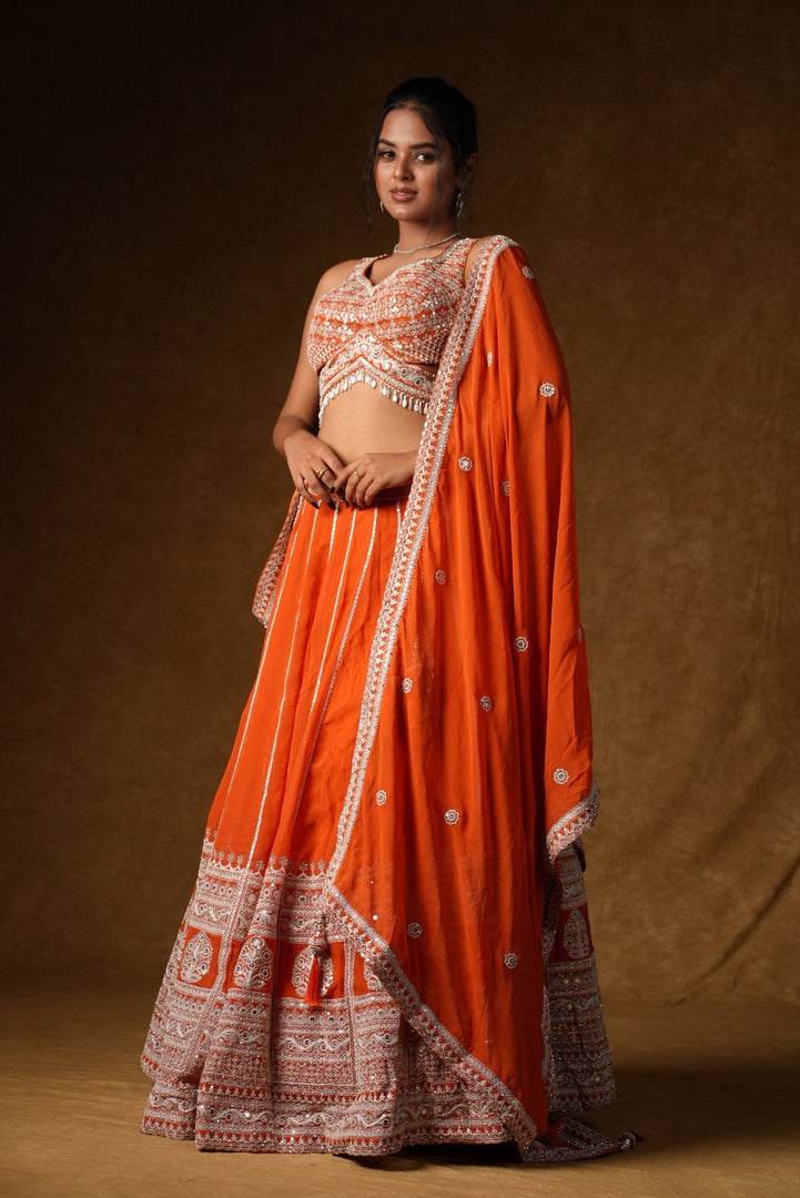 Orange Lucknowi Chikankari Lehenga Set