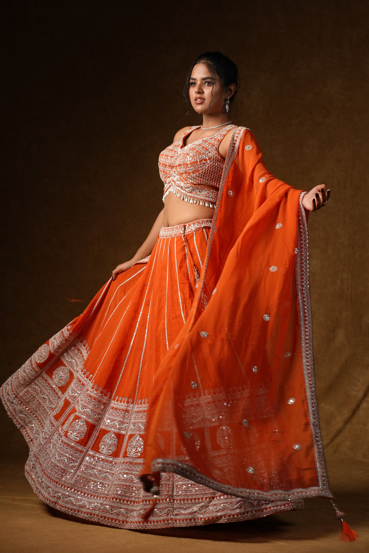 Orange Lucknowi Chikankari Lehenga Set