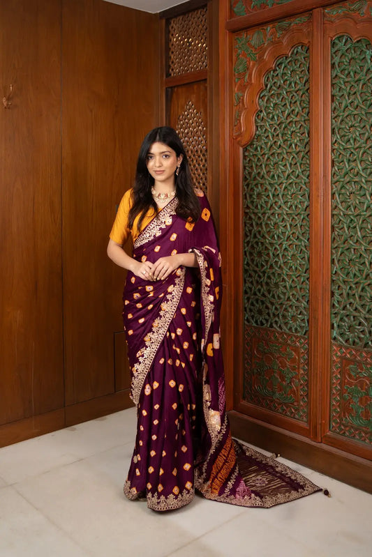 Royal Plum Gajji Silk Saree with Gota Patti Work