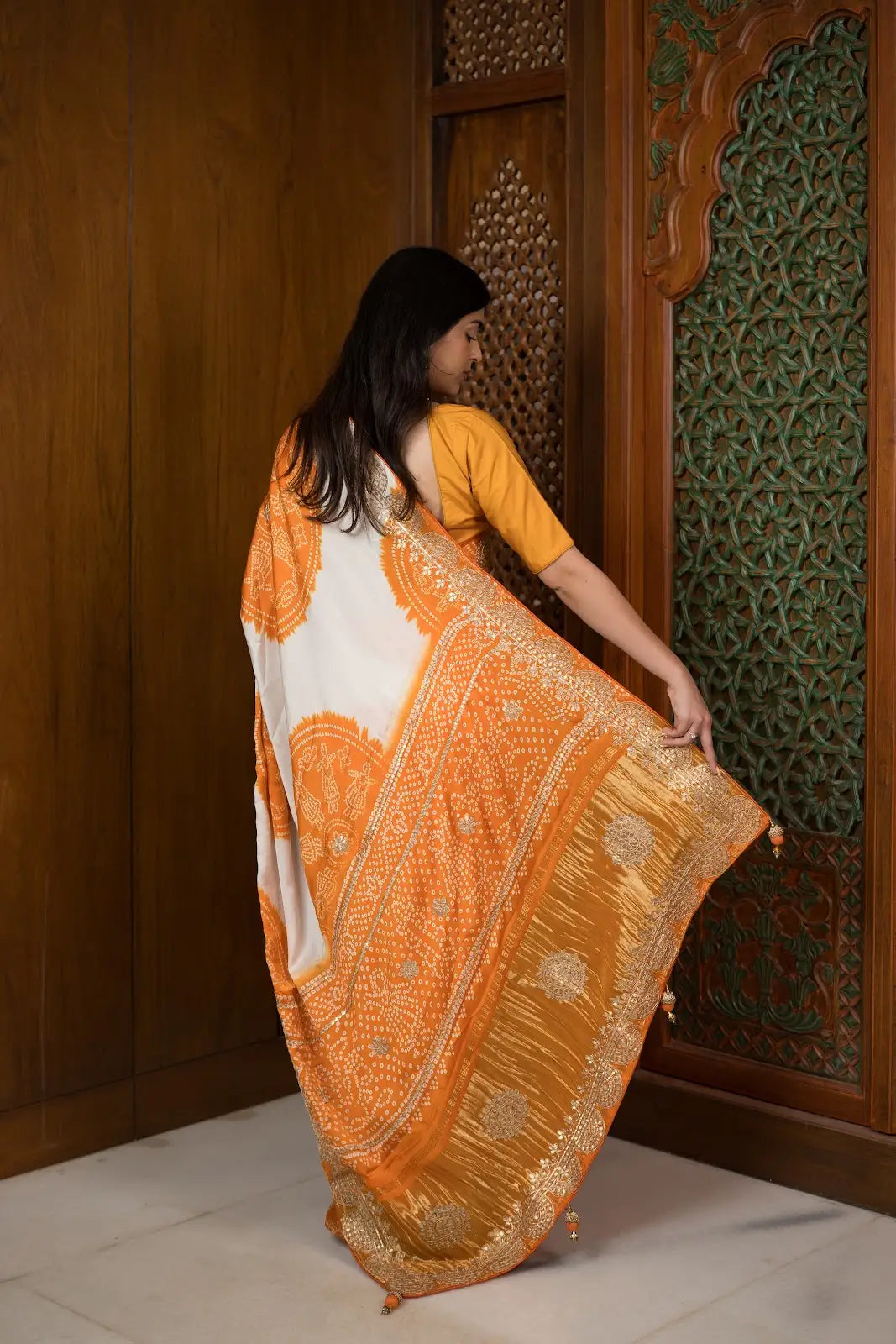 Ivory Orange Shamu Gajji Silk Bandhani Saree with Gota Patti Work