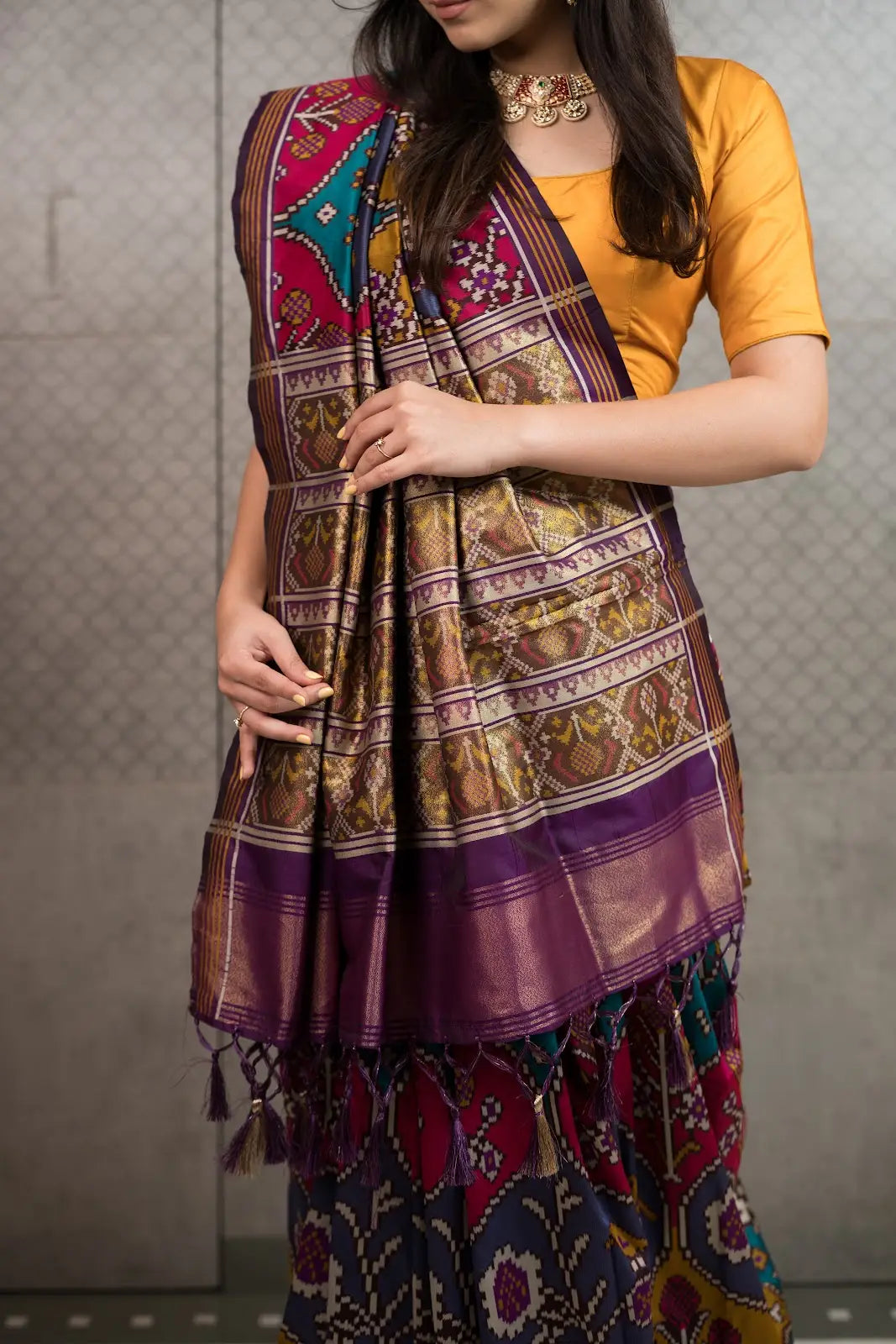 Royal Fusion Patola Silk Saree with Woven Pallu & Tassels