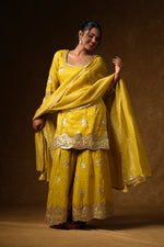 Load image into Gallery viewer, Yellow Embellished Palazzo Suit Set
