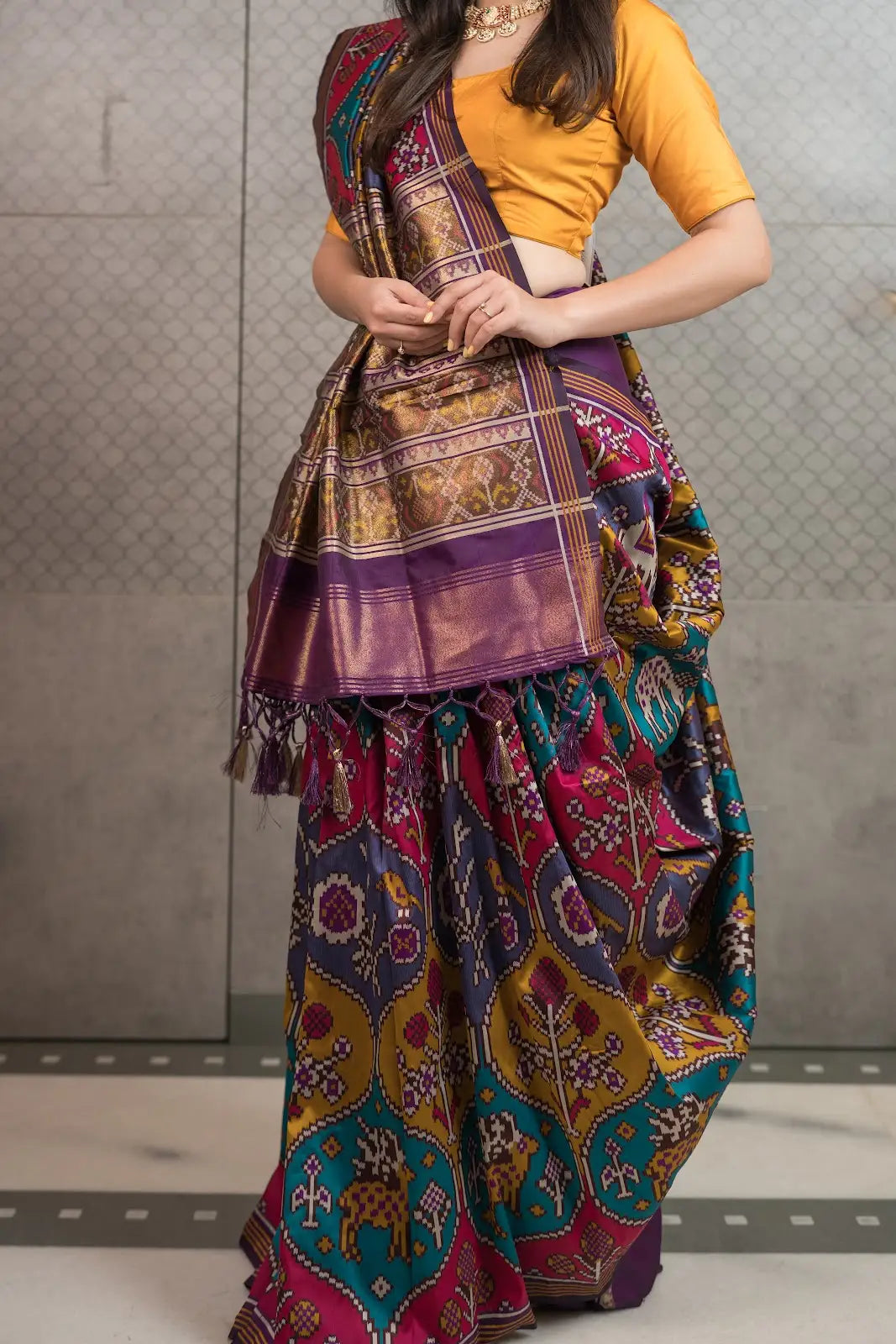 Royal Fusion Patola Silk Saree with Woven Pallu & Tassels