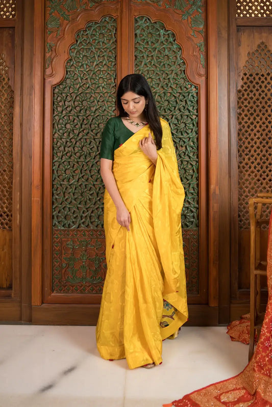 Sunshine Yellow Embossed Crepe Saree with Designer Pallu