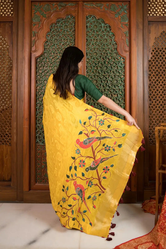 Sunshine Yellow Embossed Crepe Saree with Designer Pallu