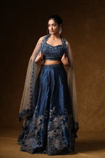 Load image into Gallery viewer, Navy Blue Floral Embroidered Lehenga Set
