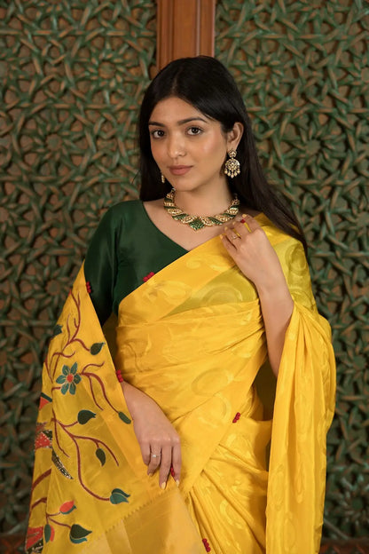 Sunshine Yellow Embossed Crepe Saree with Designer Pallu