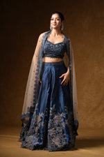 Load image into Gallery viewer, Navy Blue Floral Embroidered Lehenga Set
