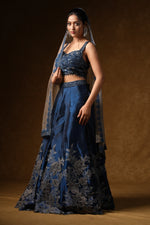 Load image into Gallery viewer, Navy Blue Floral Embroidered Lehenga Set
