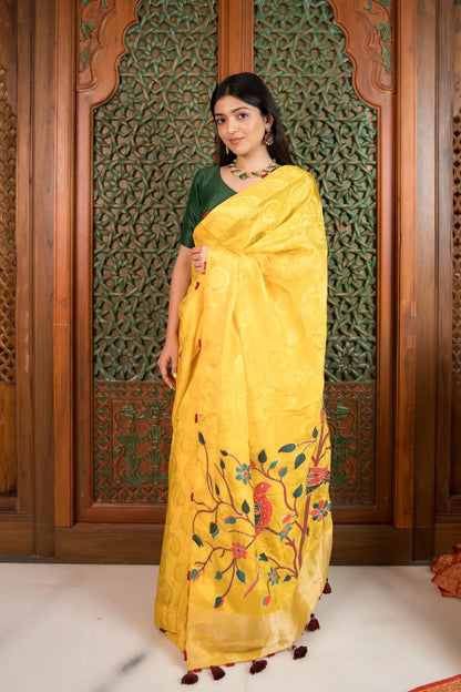 Sunshine Yellow Embossed Crepe Saree with Designer Pallu