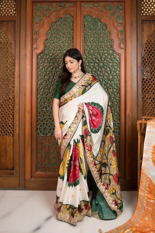 Ivory Heritage Shamu Gajji Silk Bandhani Saree with Gota Patti & Kalamkari Border