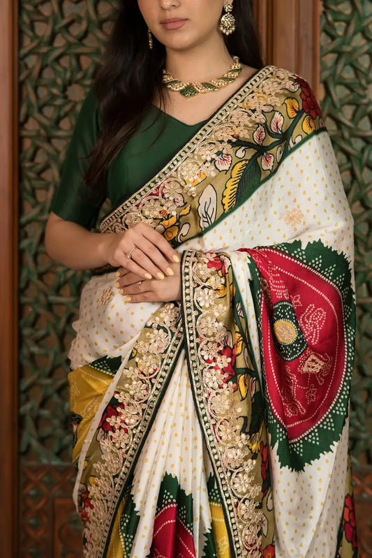 Ivory Heritage Shamu Gajji Silk Bandhani Saree with Gota Patti & Kalamkari Border